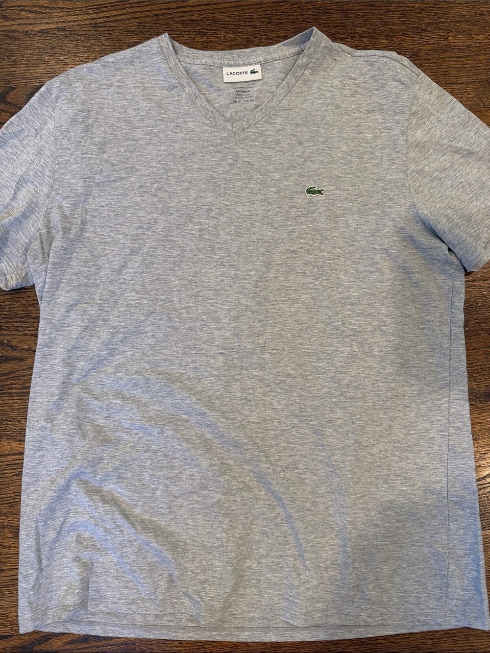 Lacoste Men's Light Heather Gray V-Neck Tee with Green Crocodile Logo